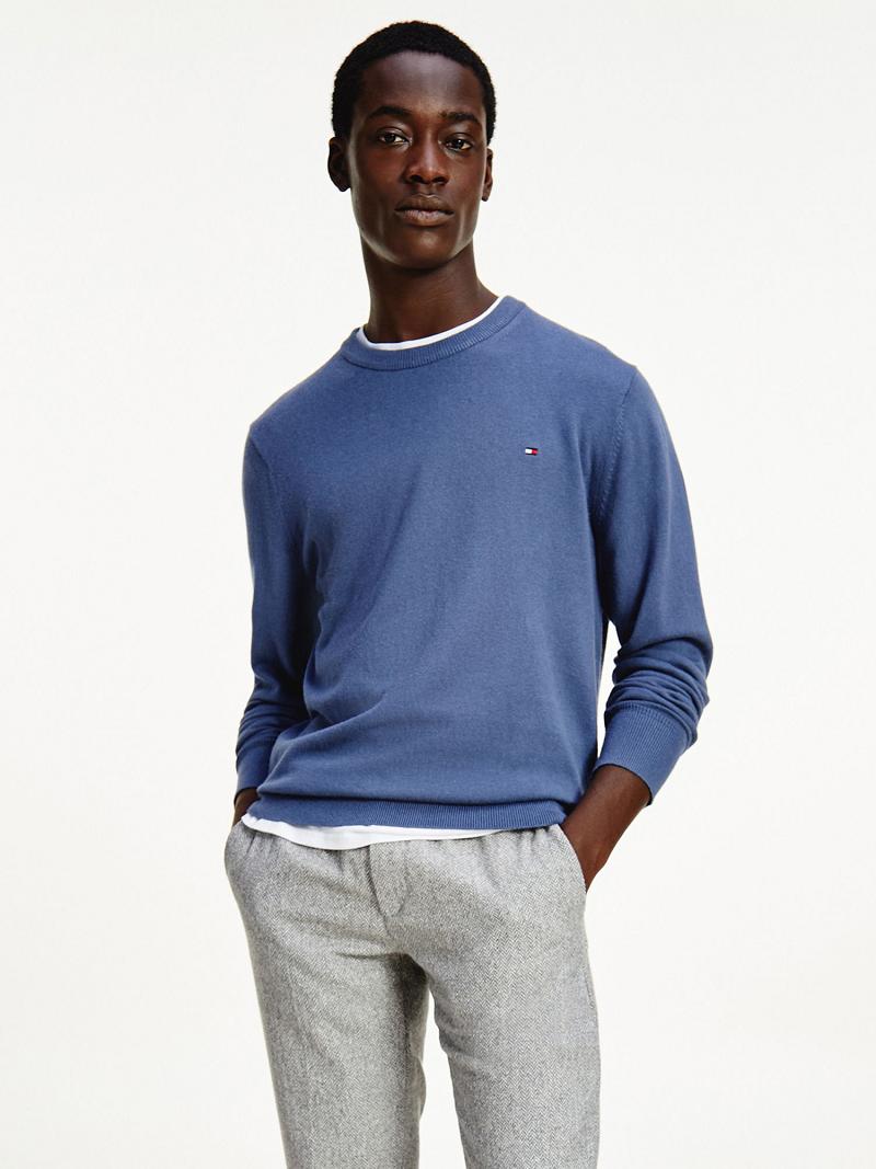 Férfi Tommy Hilfiger Pamut cashmere crewneck Pulóverek Kék | HU 939PJJ